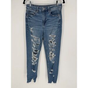 AMERICAN EAGLE MOM JEAN SUPER DISTRESSED SIZE 4 REGULAR MEDIUM WASH COTTON MODAL